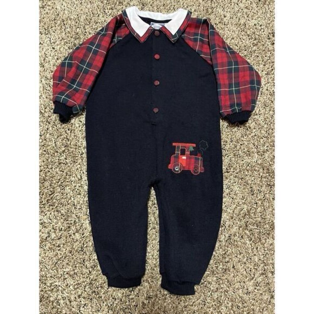 Carriage Boutique By Fried Knit Creations Boys 24 Months Outfit Train Plaid Navy